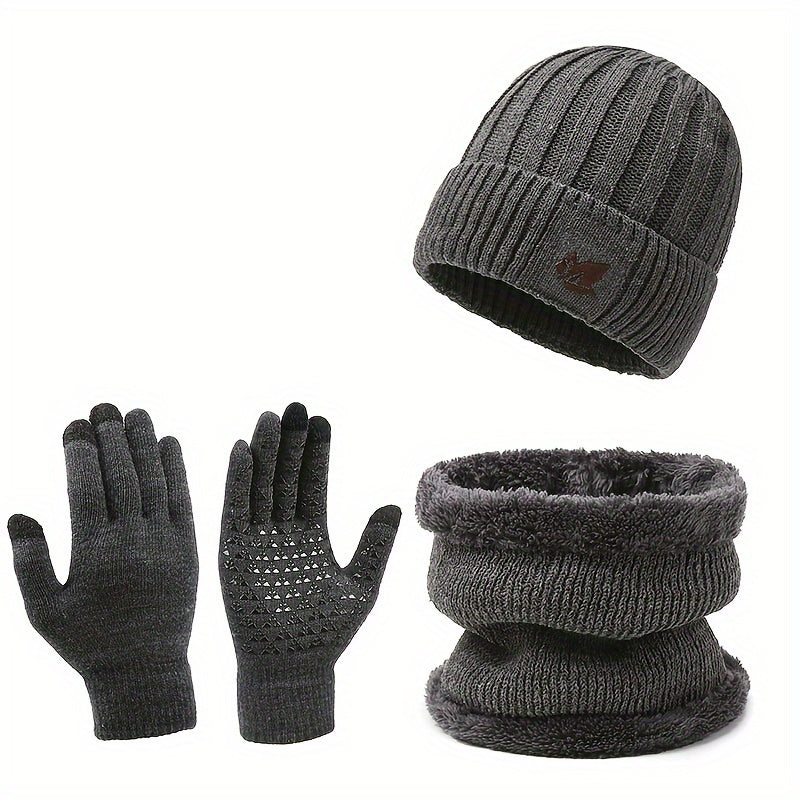 Cycling Knitted Gloves Hat Scarf Set Velvet Lined Anti Slip Gloves