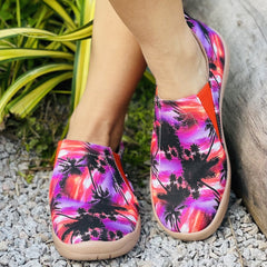 Women's Tie Dye Coconut Tree Slip On Canvas Shoes Lightweight Round Toe Flat