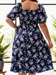  Floral Bubble Sleeve Square Neck Knot Midi Dress