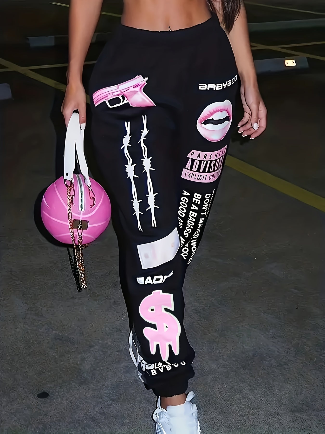  Graffiti Print High Rise Jogger Pants