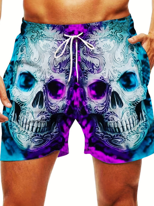 Men's Skulls Print Shorts with Pockets Drawstring Summer Beach Lounge Shorts