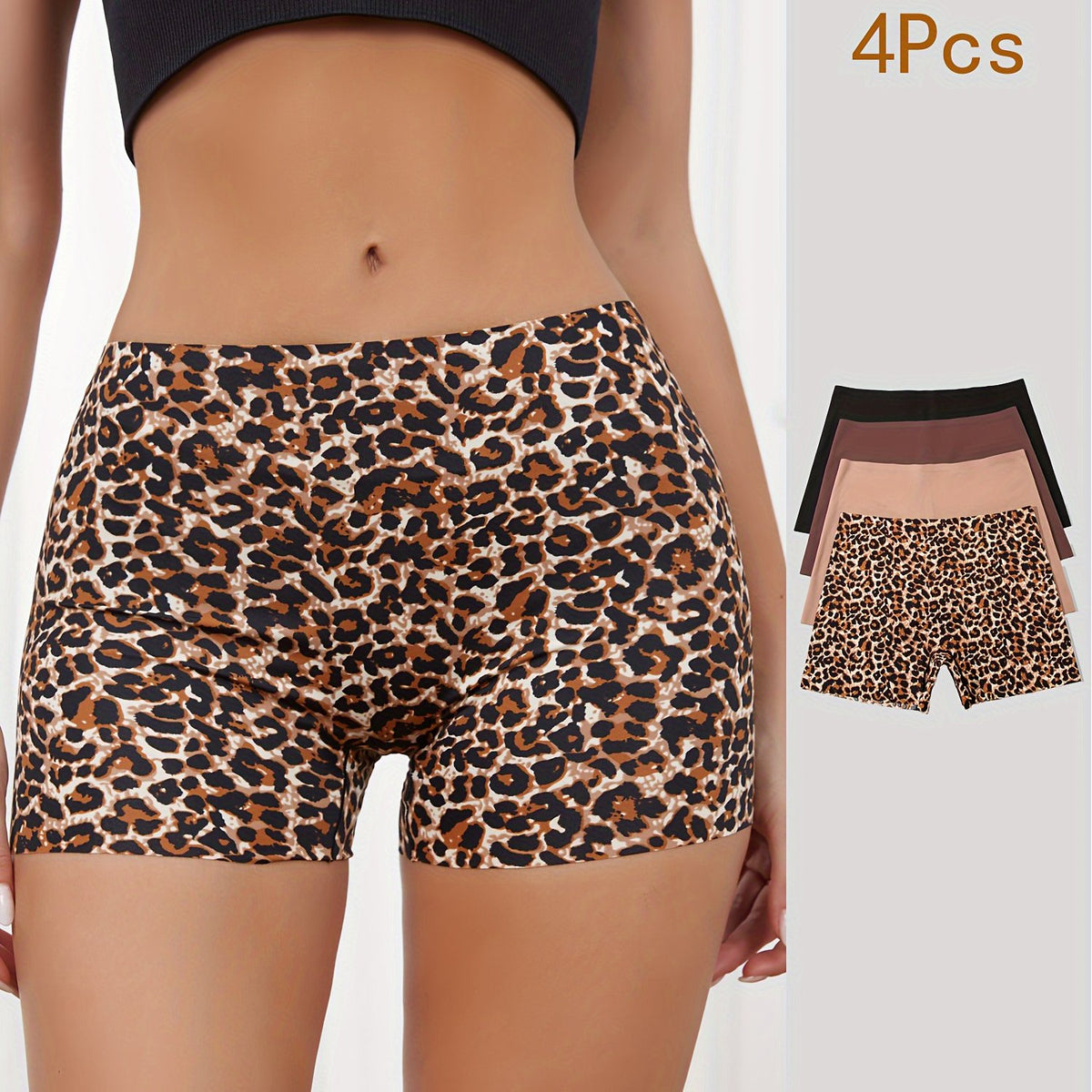 4pcs Leopard & Solid Boyshort Panties Soft & Comfortable Stretch Panties