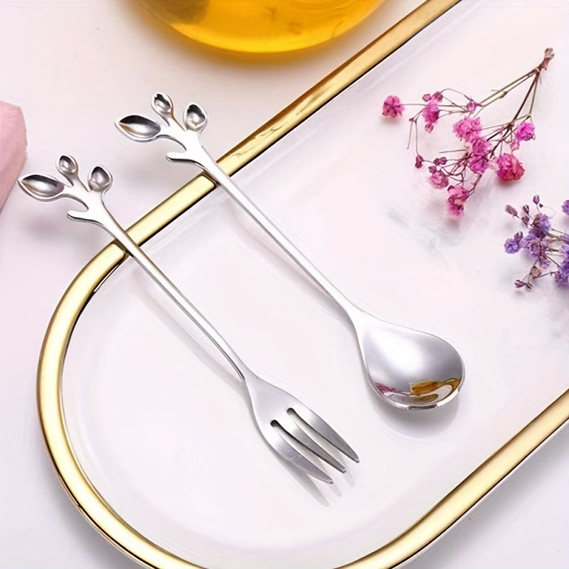 6pcs Stainless Steel Leaf Handle Dessert Spoon Fork Set