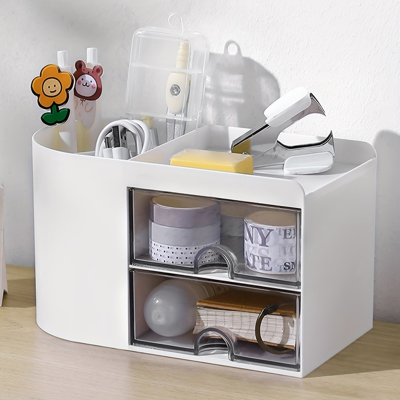 Desktop Pen Holder Storage Box with Small Drawer