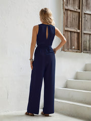 Lace V Neck Wide Leg Jumpsuit Sleeveless Belted Jumpsuit