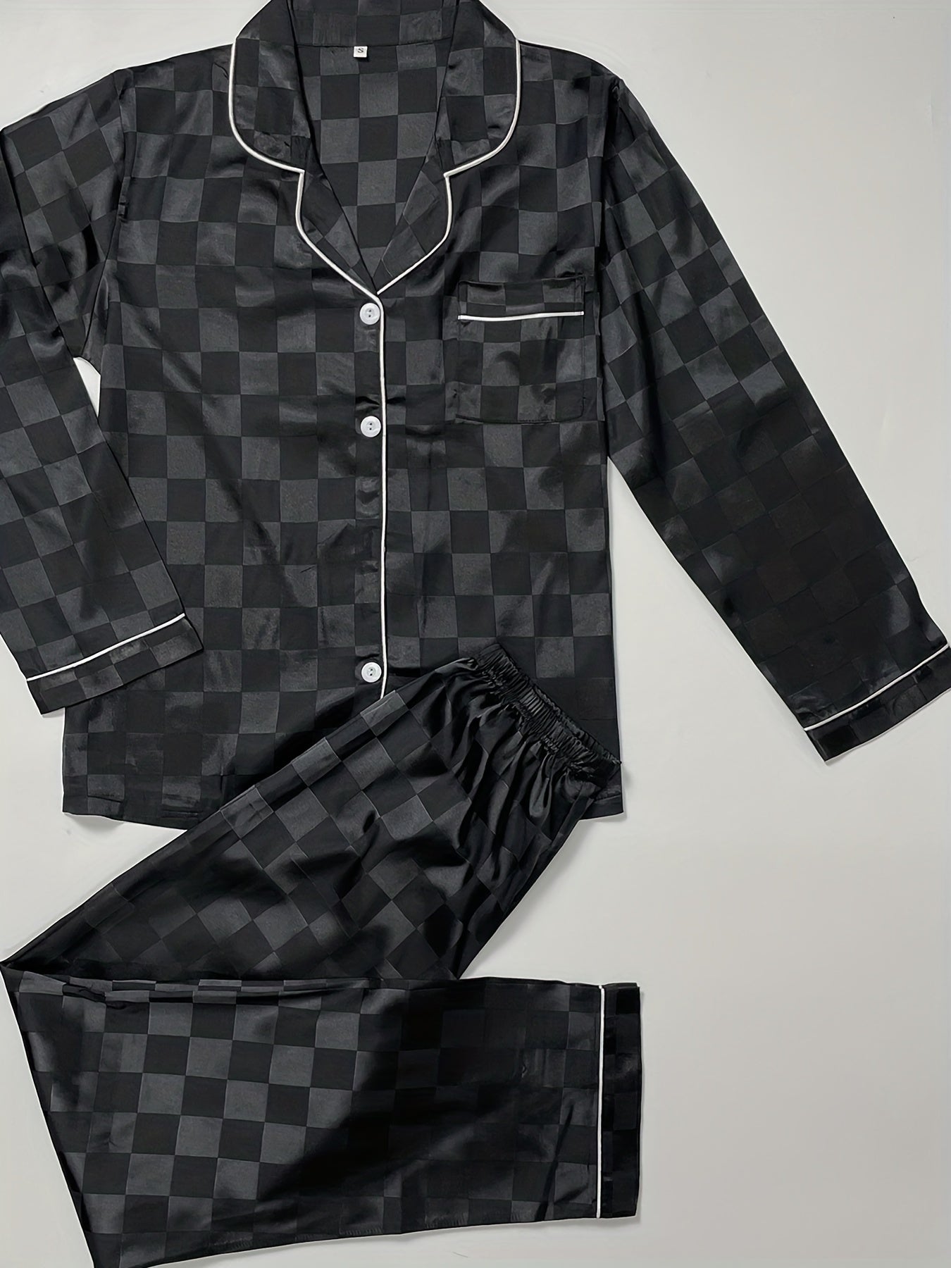 Plaid Satin Pajama Set Long Sleeve Top & Pants Women's Sleepwear