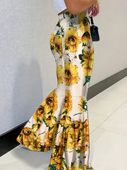  Sunflower Print Flared Leg High Rise Pants