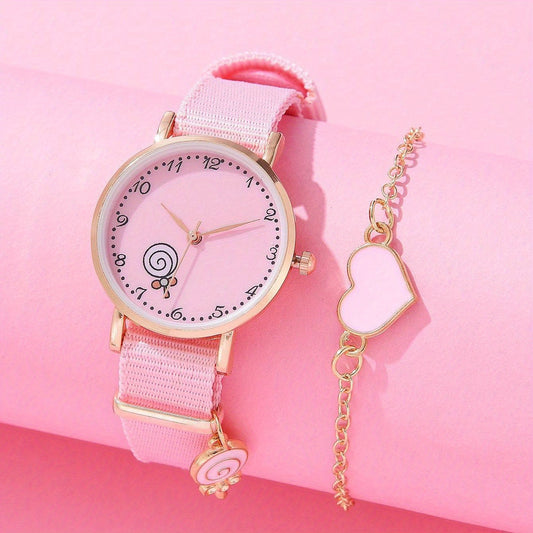 2pcs Quartz Watch Set for Girls, Cartoon Design Wrist Watch