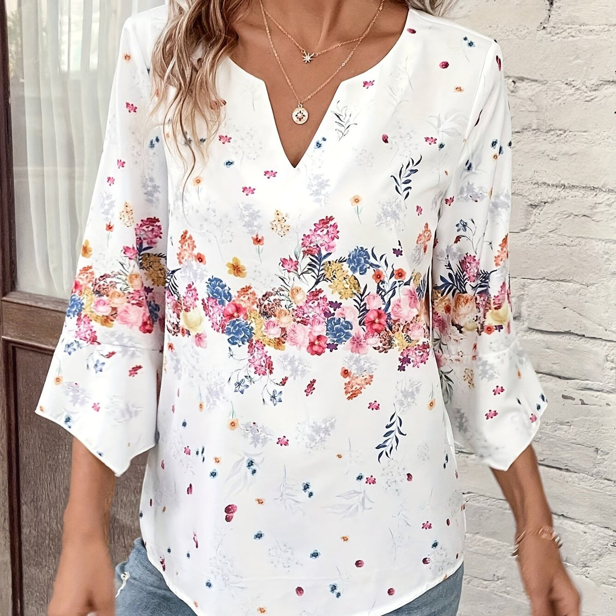  Floral Print Sleeve Blouse