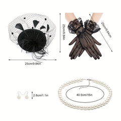 Vintage Veil Fascinator Lace Gloves Necklace Set