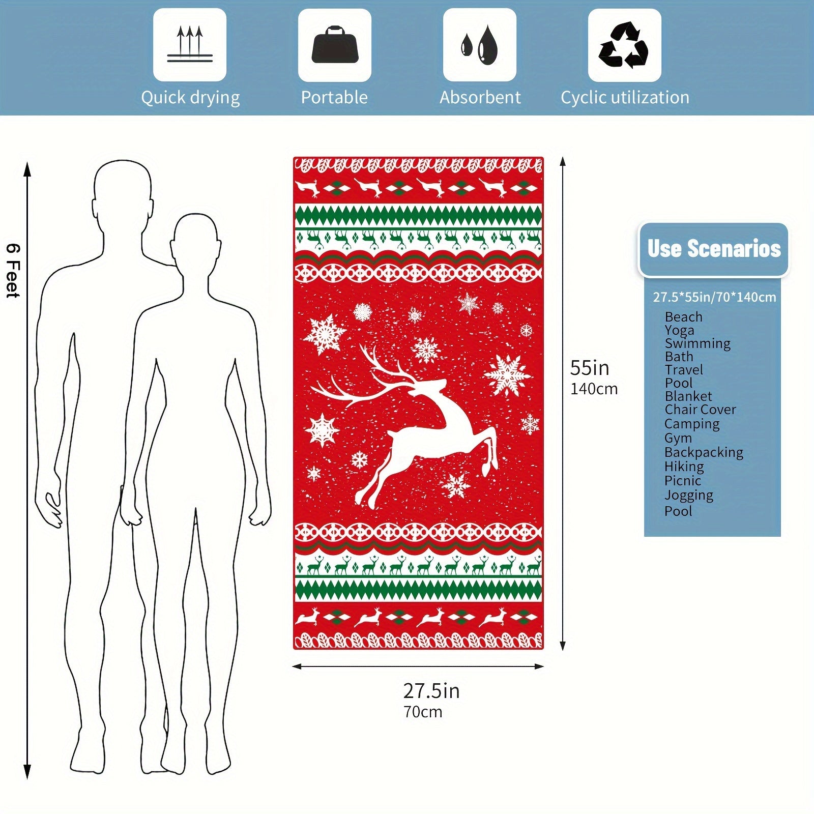 Christmas Style Beach Towel Quick Drying Bath Towel Absorbent Skin Friendly