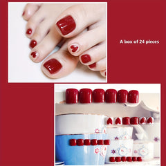 24pcs Glossy Red Square Press On Toe Nails with Glue Stick and Nail File