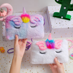 Girls Sequin Plush Unicorn Tie Dye Bag Coin Purse Crossbody Bag