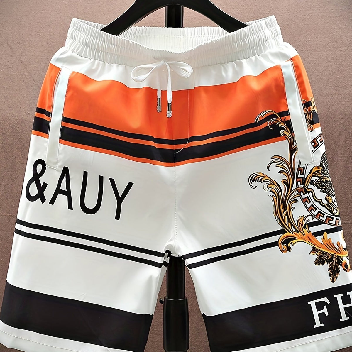 Graphic Pattern Letter Print Striped Quick Drying Beach Shorts Men's Casual