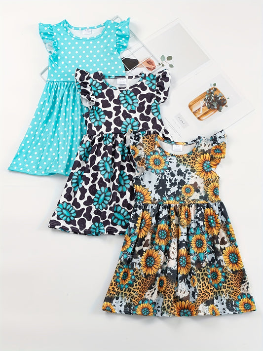 Toddler Girls Ruffled Sleeves Polka Dot Leopard Sunflower Princess Dress