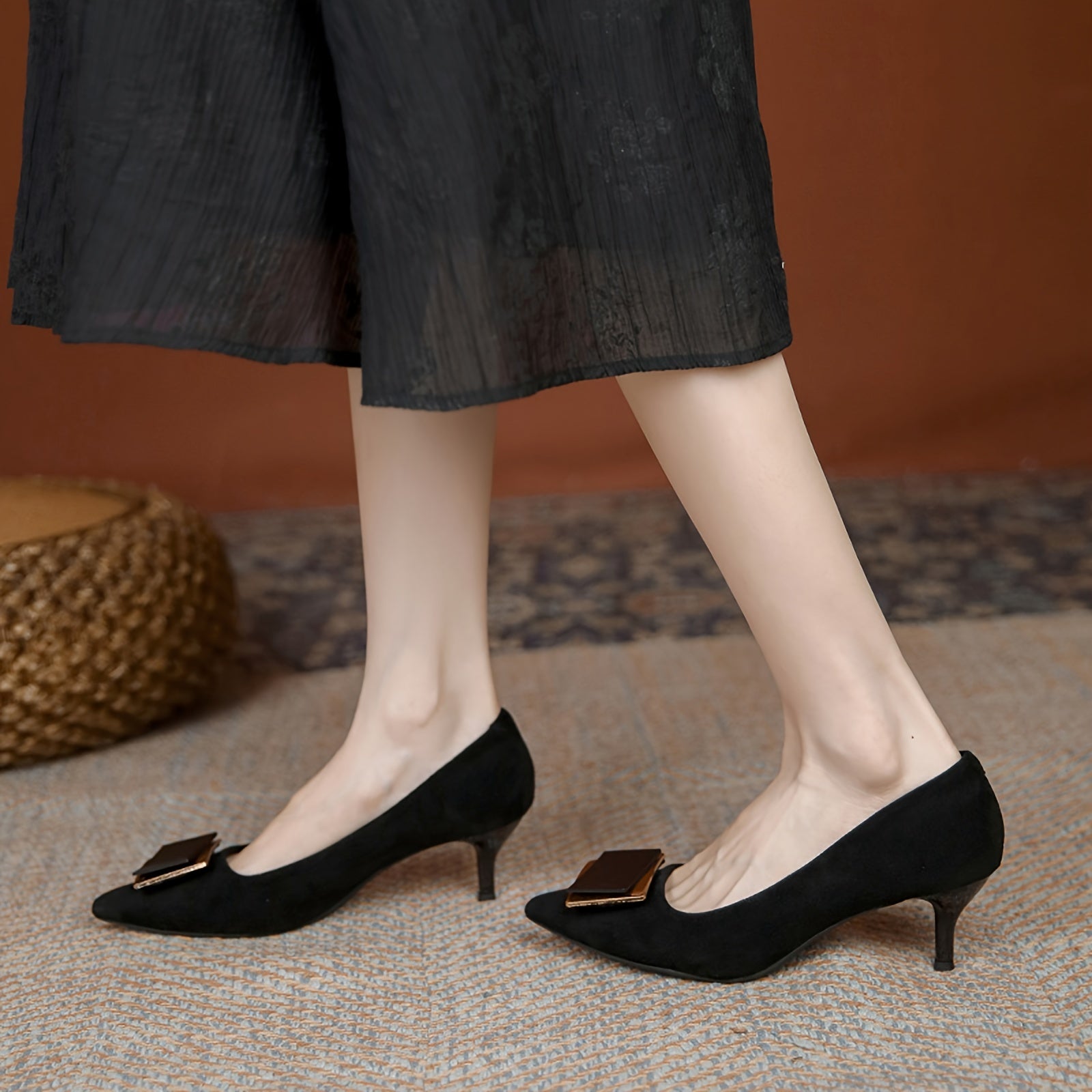 Women's Square Metal Decor Kitten Heels Slip-on Court Pumps