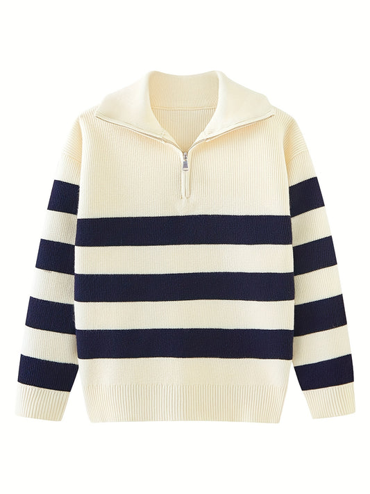 Girls' Striped Zip Collar Knitted Pullover Sweater
