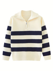 Girls' Striped Zip Collar Knitted Pullover Sweater