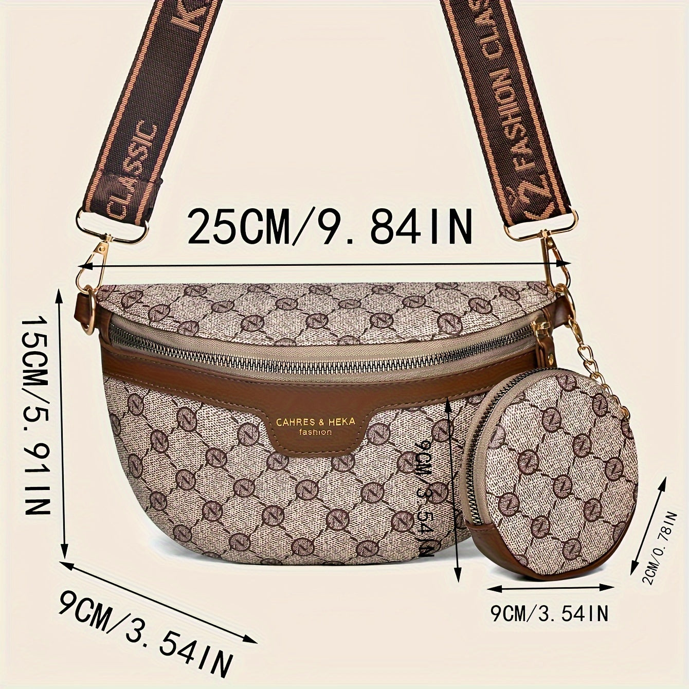 Classic Retro Pattern Crescent Shoulder Bag With Mini Round Purse