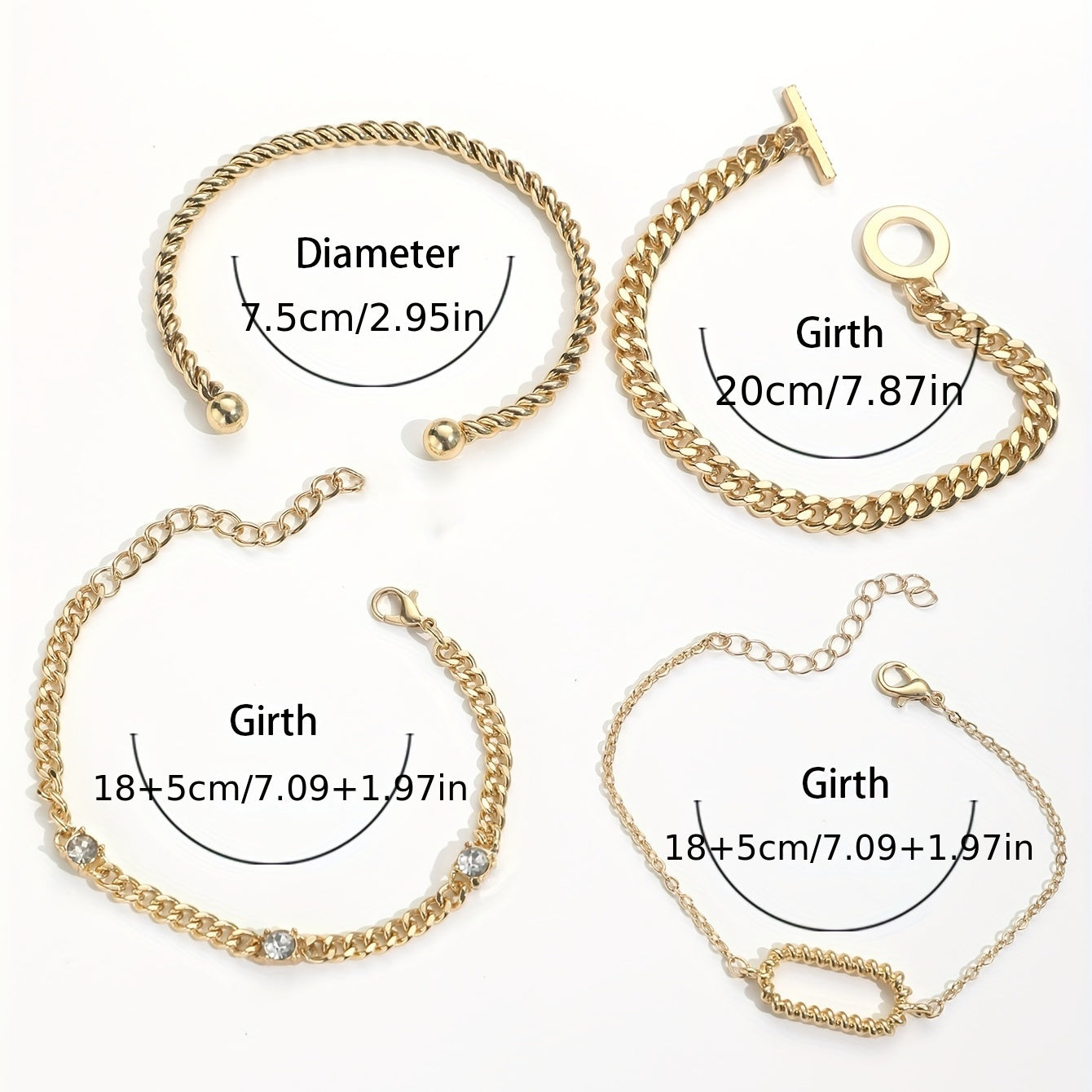 4 Pcs Rhinestone Inlaid O Buckle Chain Bracelet Set