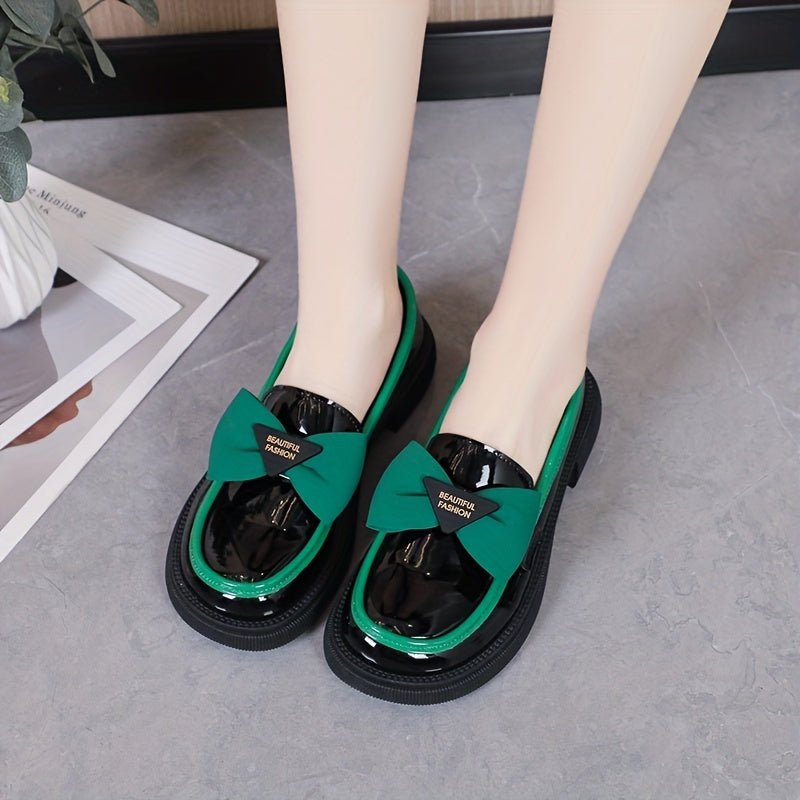 Bowknot Loafers Chunky Heel Faux Leather Shoes