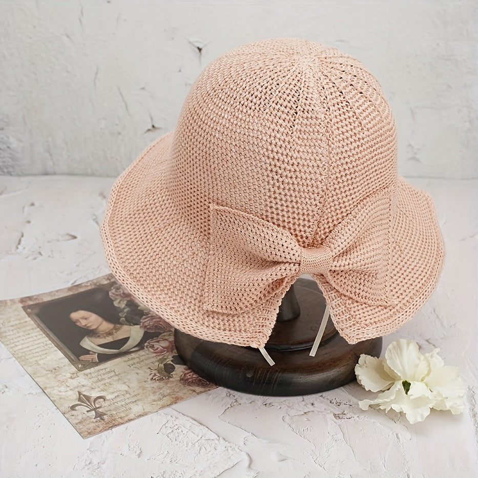 Girls Bow Decor Straw Hat Sun Protection for Beach Party
