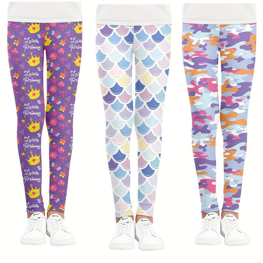 Girls Camouflage Crown Fish Scale Athletic Leggings Elastic Waist Yoga Pants