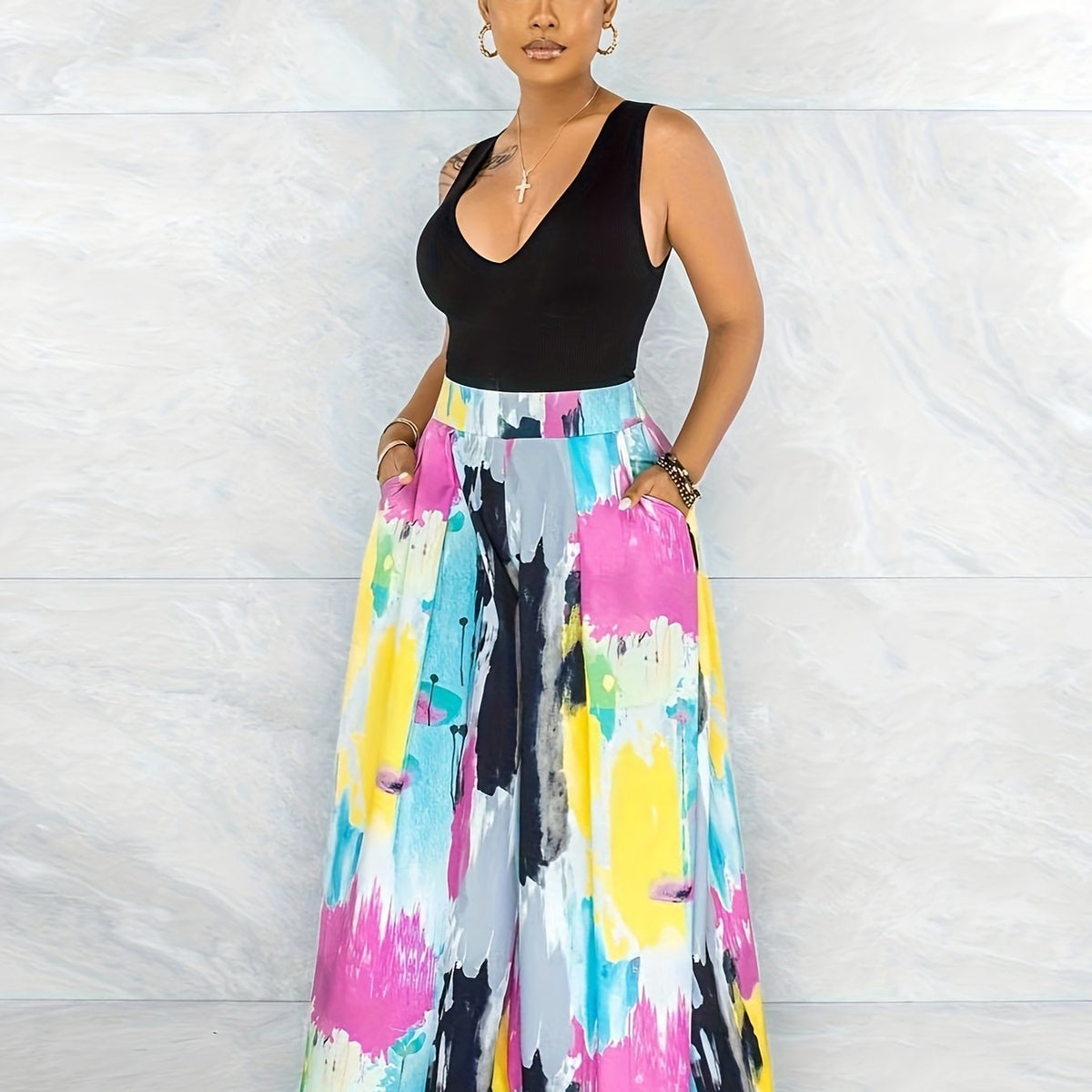  Colorblock Wide Leg Trousers With Pockets