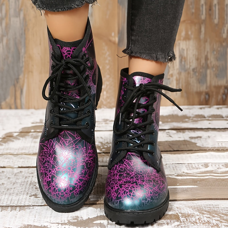 Gothic Style Ankle Combat Boots Sun & Moon Print Non Slip Outdoor Shoes