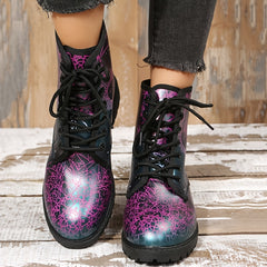 Gothic Style Ankle Combat Boots Sun & Moon Print Non Slip Outdoor Shoes