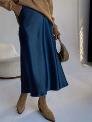 Vintage Satin Maxi Skirt High Waist Summer Casual Solid Retro Style