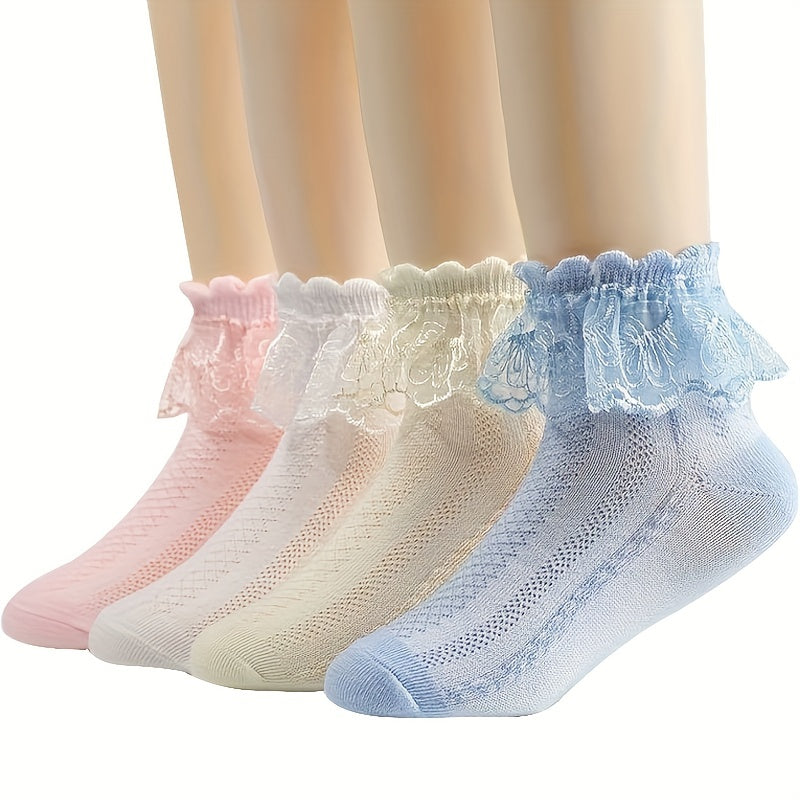 4 Pairs Girls Breathable Cotton Lace Crew Socks for Spring Summer