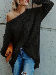  Off Shoulder Solid Sweater Long Sleeve Medium Stretch