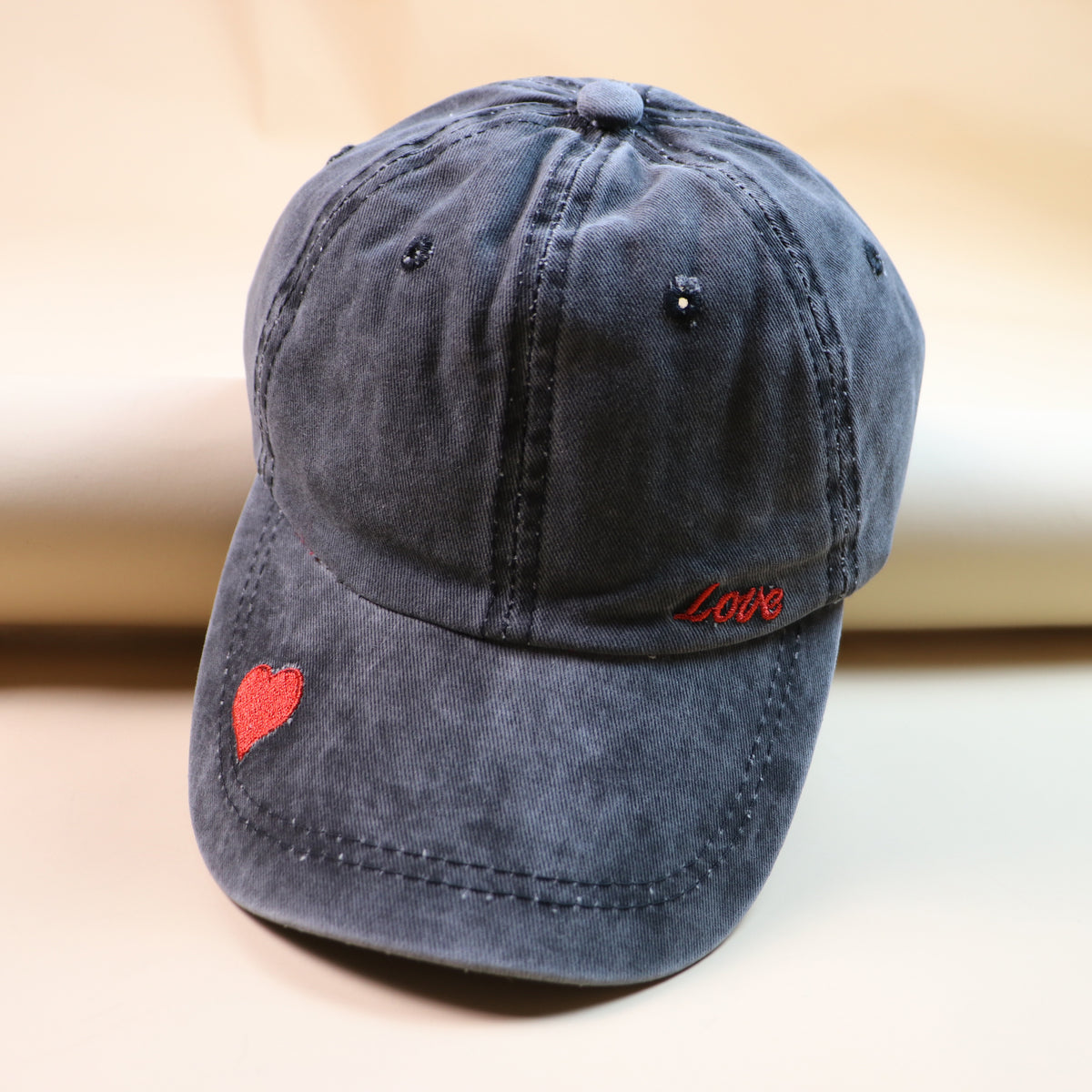 Red Love Embroidery Distressed Baseball Cap
