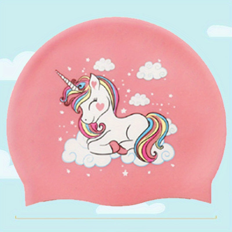 Cartoon Rainbow Horse Swim Cap, Waterproof Silicone, Long Hair Girls & Boys