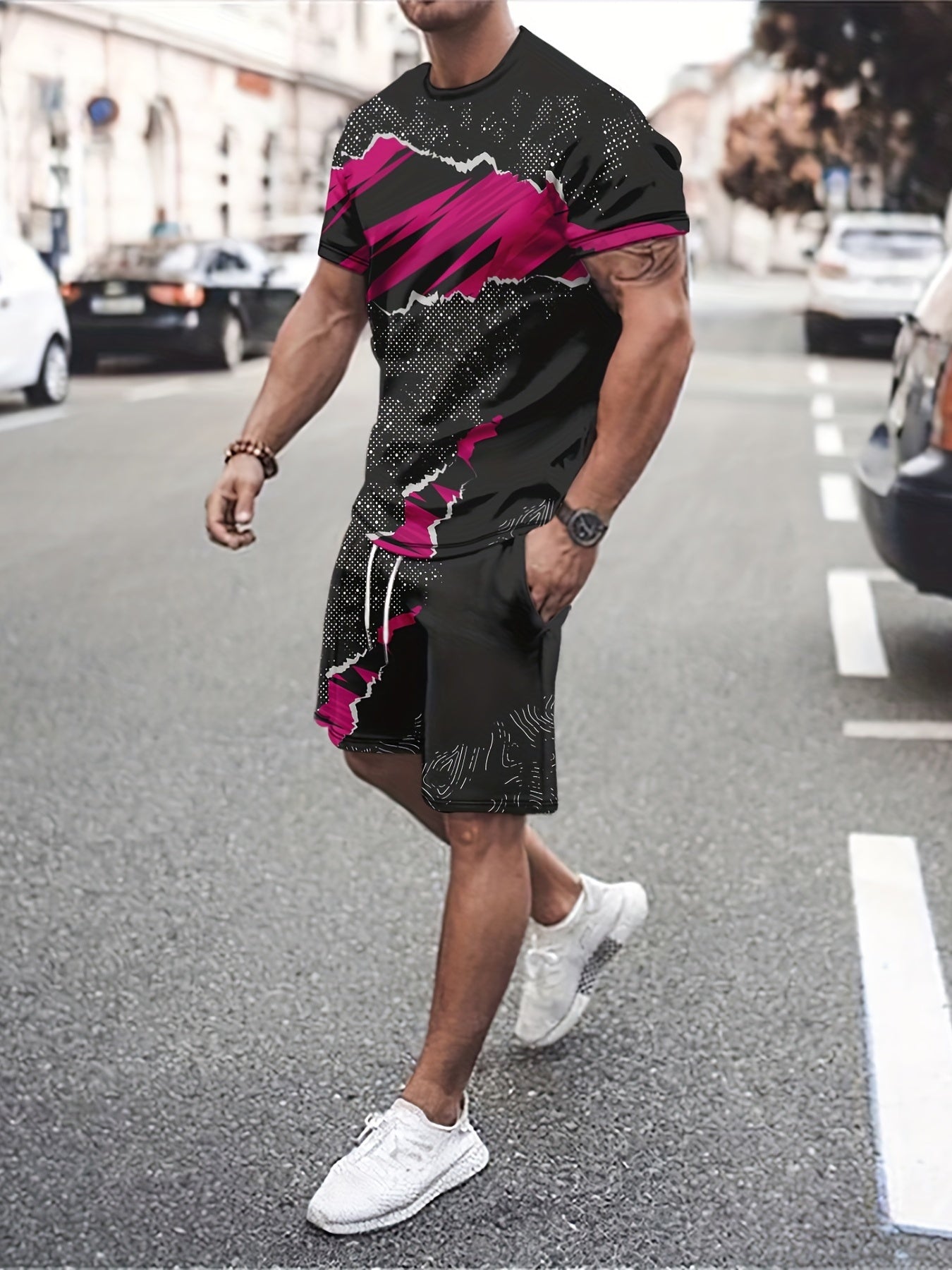 Men's Fashionable T-shirt & Stretch Shorts Set for Outdoor