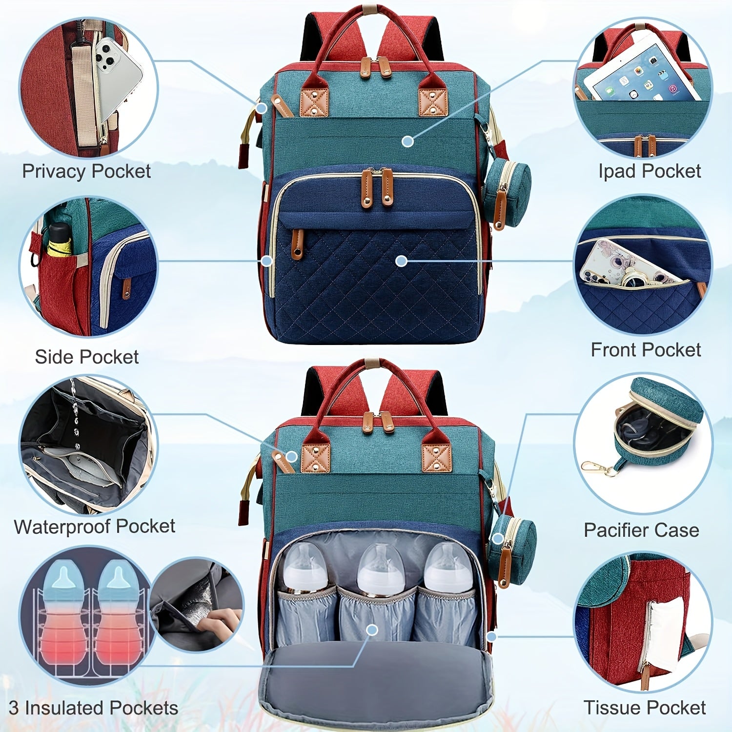 Large Capacity Women's Diaper Bag Backpack with Insulated Pocket