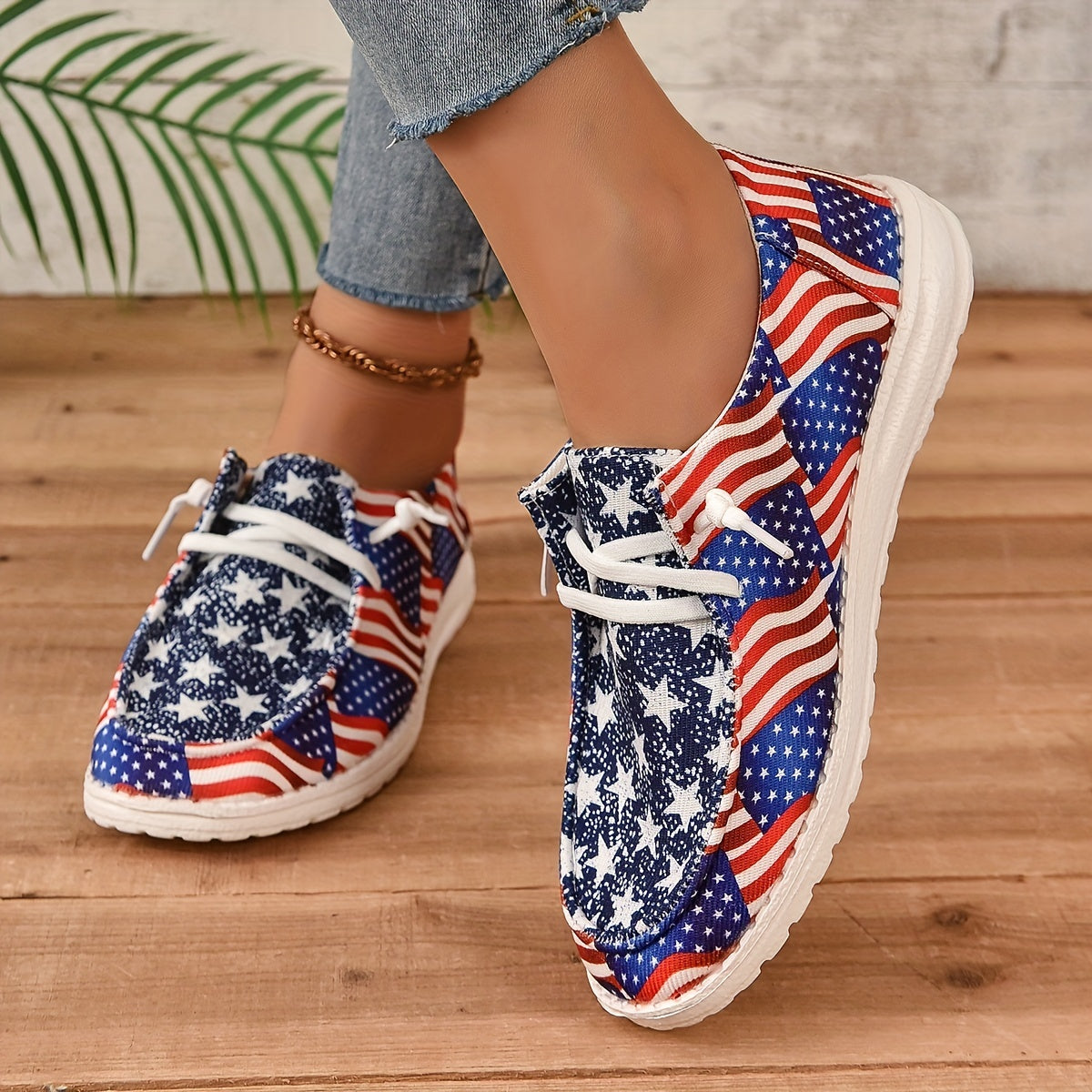 Women's Flag Pattern Shoes Lace Up Low Top Lightweight Casual Flat Shoes