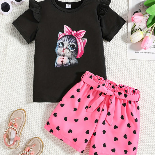 2pcs Toddler Girls Cat Graphic T Shirt & Heart Graphic Shorts Set