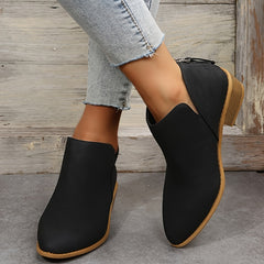 Chunky Heel Short Boots V cut Stacked Heel Back Zip Ankle Bootie