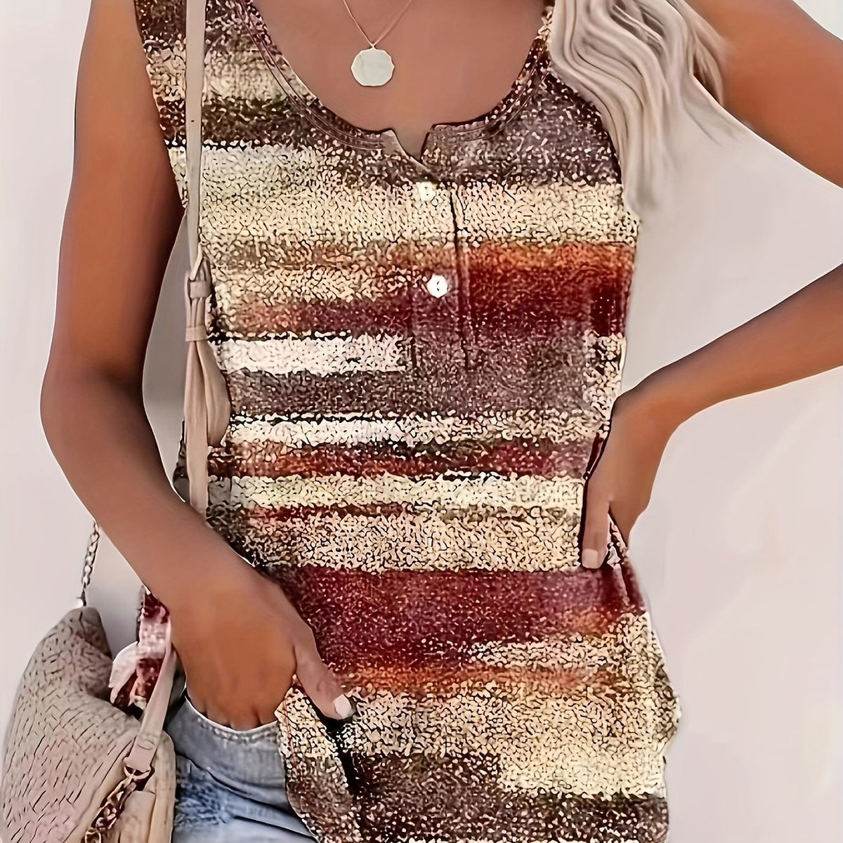  Tie Dye Button Tank Top Round Neck Medium Stretch