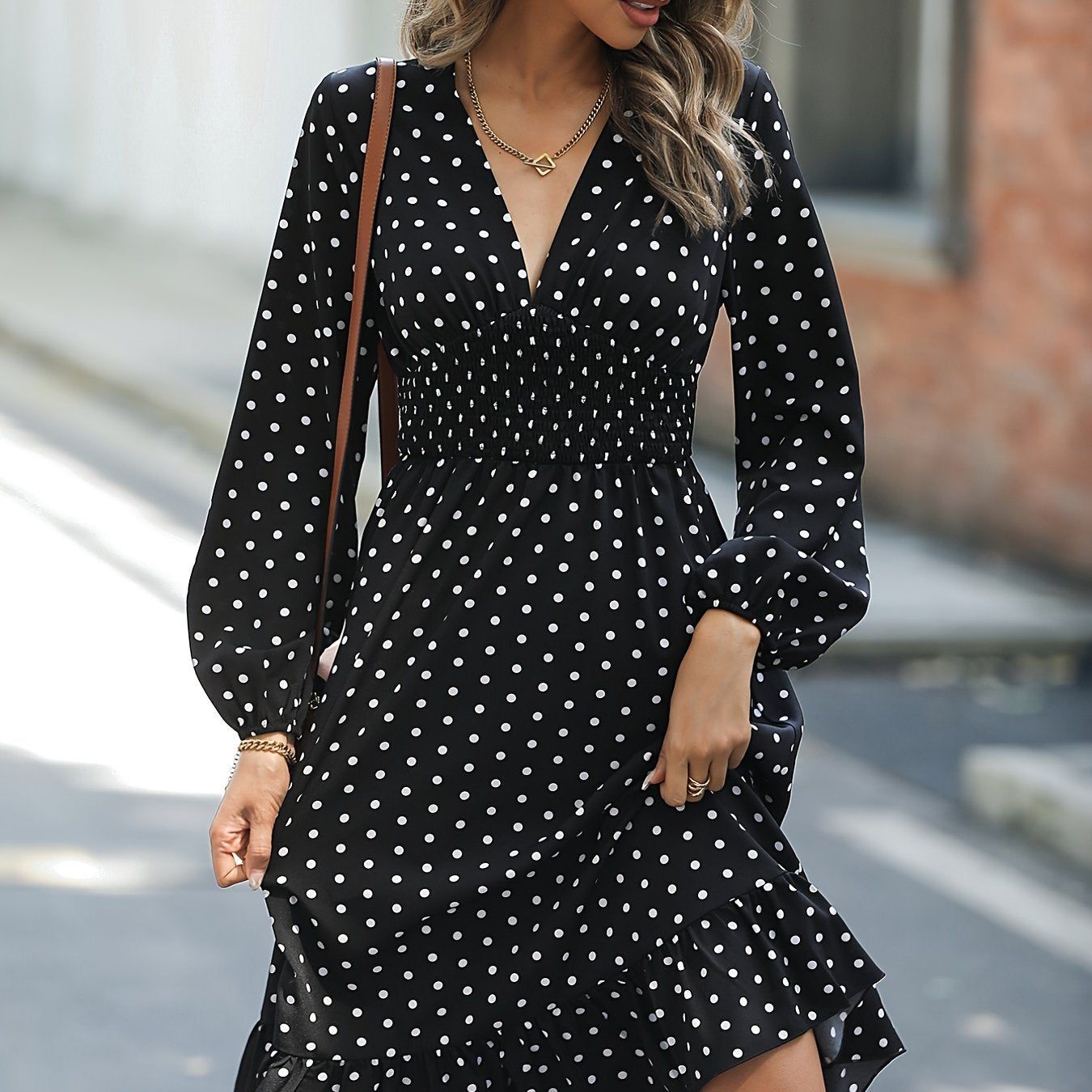 Polka Dot Ruffle Dress V Neck Long Sleeve Loose Fit Summer Women's Clothing