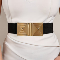 Spiral Square Buckle Elastic Belt Wide Waistband for Women