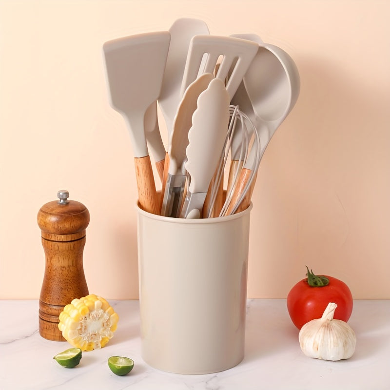 12pcs Silicone Utensil Set Khaki Kitchen Utensil Set With Wooden Handle