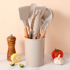 12pcs Silicone Utensil Set Khaki Kitchen Utensil Set With Wooden Handle