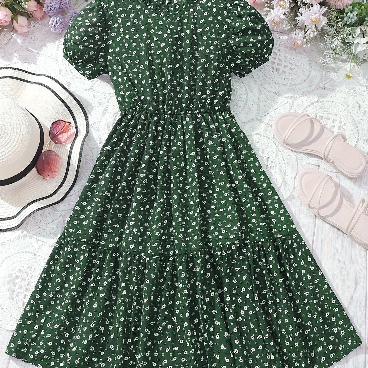 Big Girls Floral Polka Dot Casual Dress Frill Collar Short Sleejson