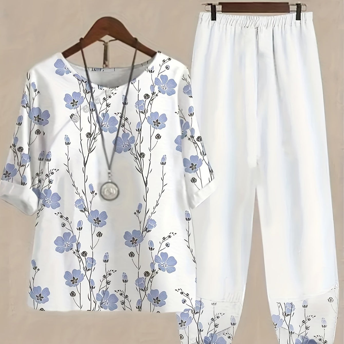 Floral Print 2pc Set Crew Neck 3/4 Sleeve Tops & Elastic Waist Pant