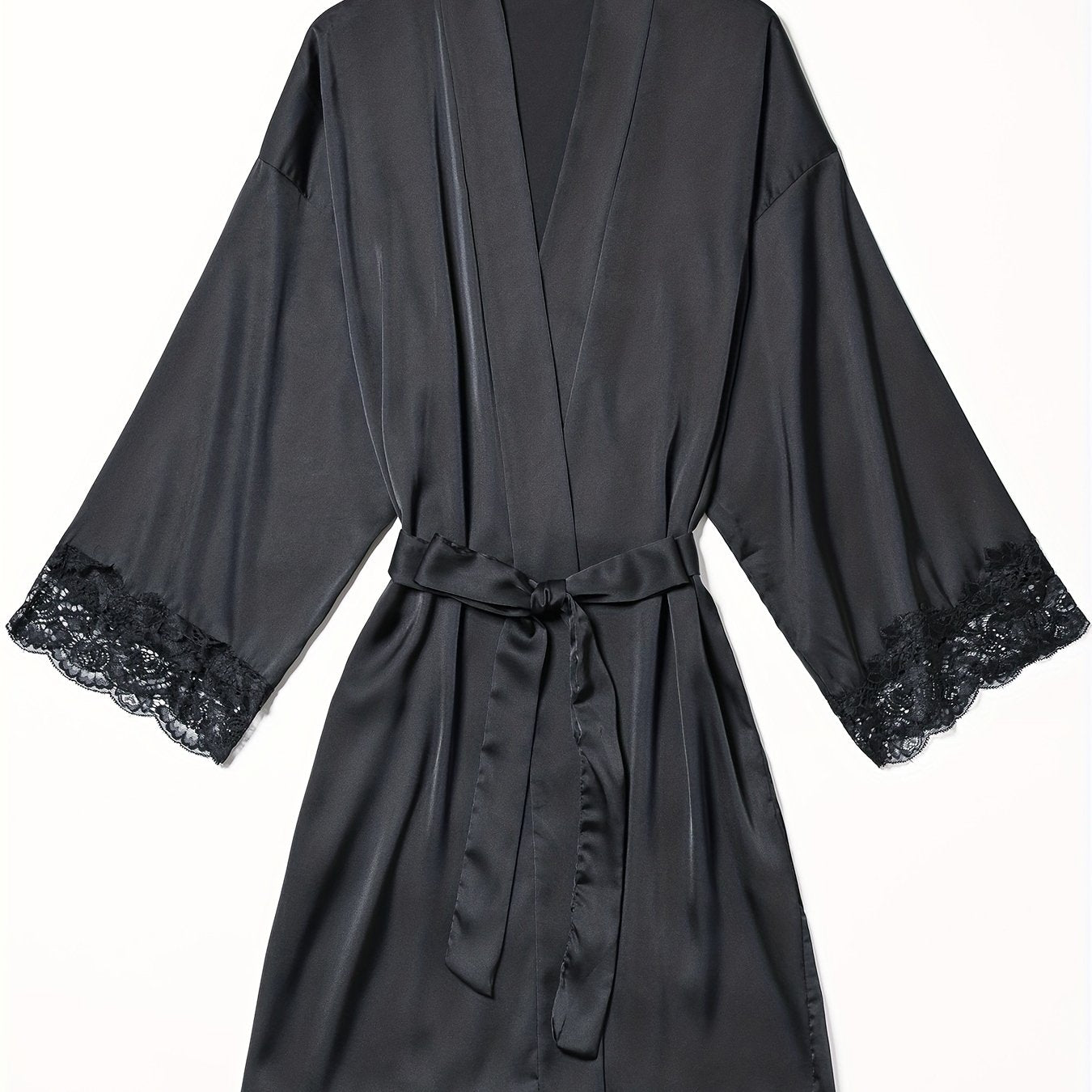 Satin Lounge Robe with Lace Trim V-Neck Long Sleeve Belted Women's Loungewear