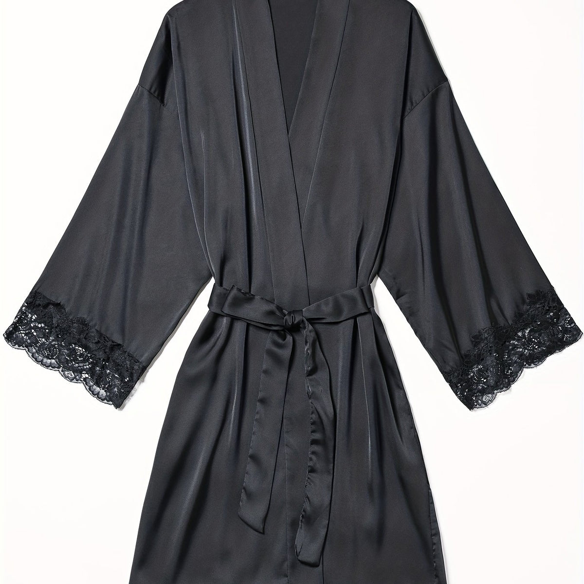 Satin Lounge Robe with Lace Trim V-Neck Long Sleeve Belted Women's Loungewear