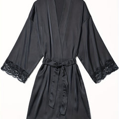 Satin Lounge Robe with Lace Trim V-Neck Long Sleeve Belted Women's Loungewear